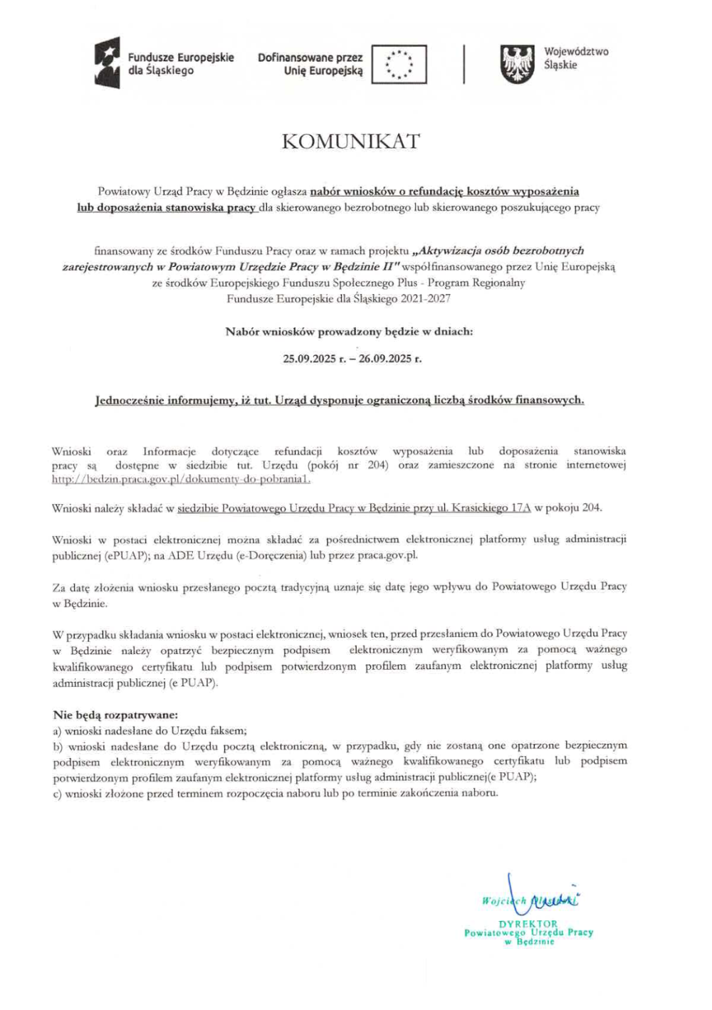 Komunikat o naborze wniosków o refundację kosztów wyposażenia lub doposażenia stanowiska pracy