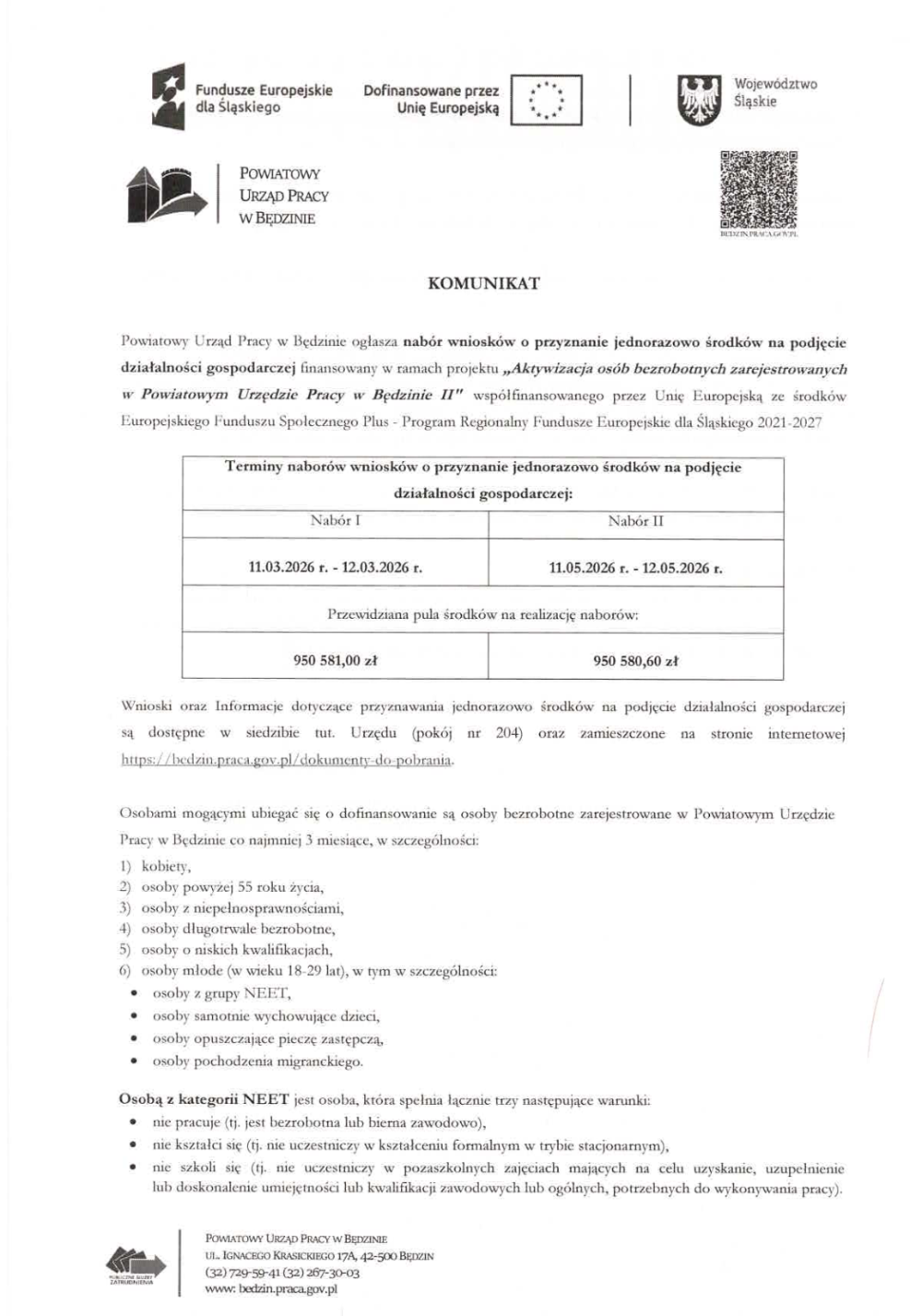 Komunikat o naborze na podjęcie działalności gospodarczej strona pierwsza