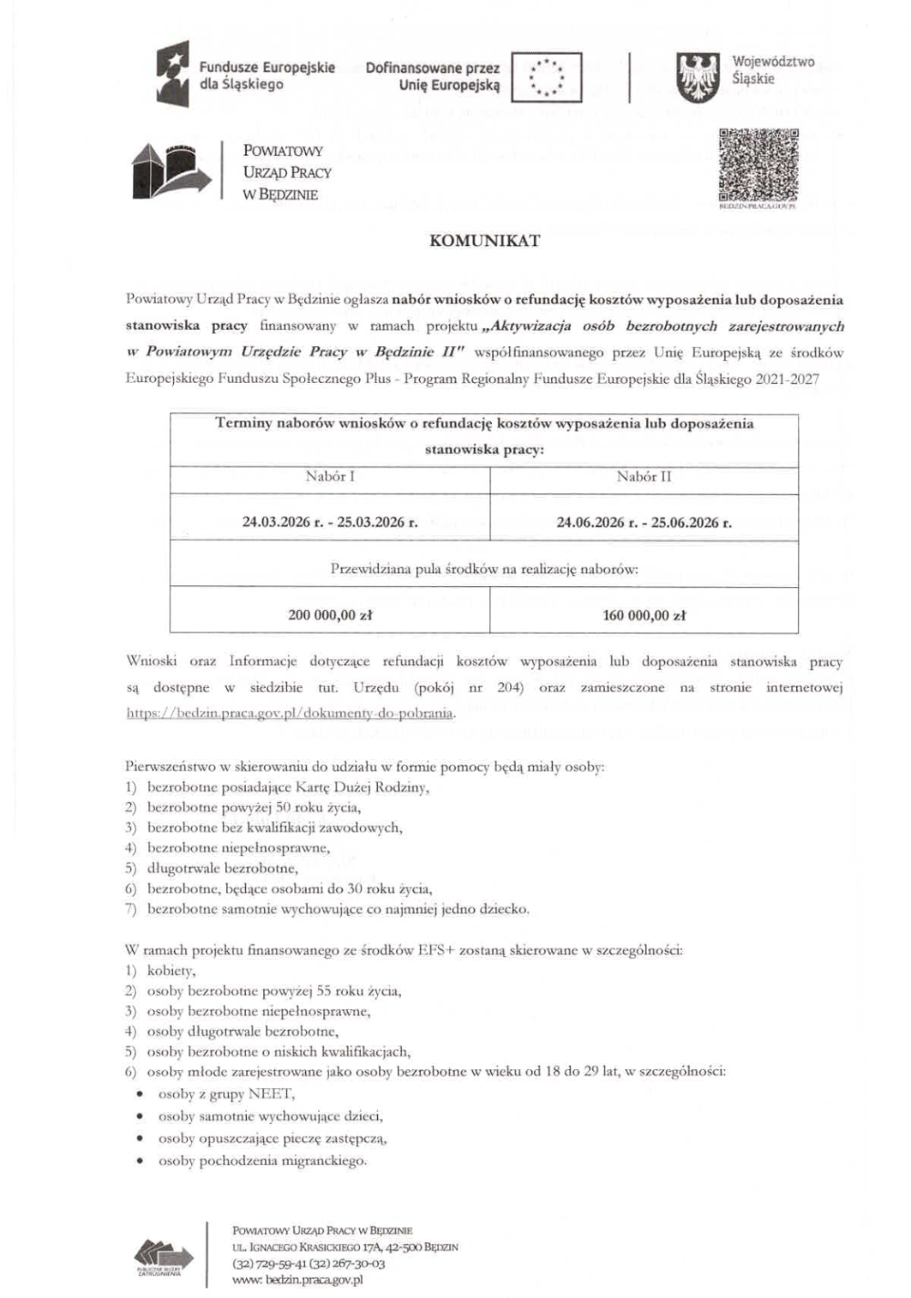 Nabór wniosków o refundację kosztów wyposażenia lub doposażenia stanowiska pracy, pierwsza strona