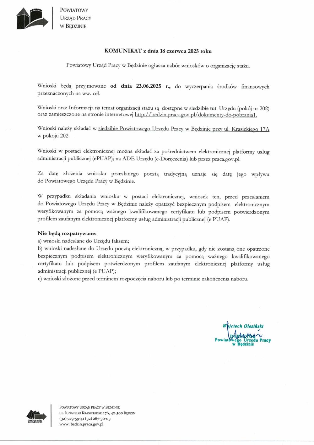 Nabór wniosków o organizację stażu