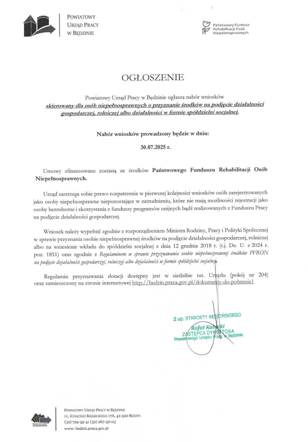 Komunikat o naborze wniosków, skierowany do dla osób niepełnosprawnych o przyznanie środków na podjęcie działalności gospodarczej, rolniczej albo działalności w formie spółdzielni socjalnej