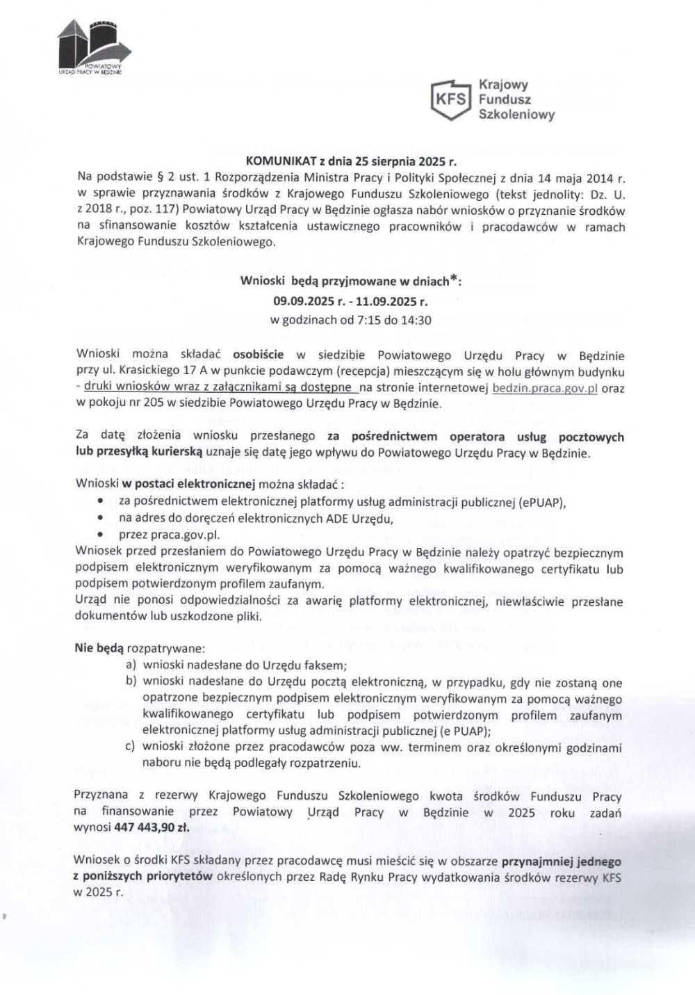 Komunikat o naborze wniosków KFS