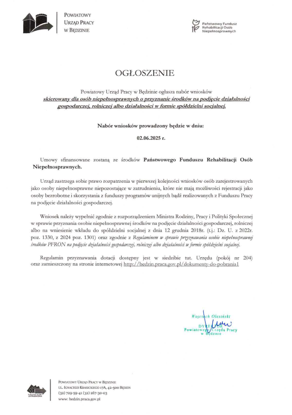 Komunikat o naborze wniosków o przyznanie środków na podjęcie działalności gospodarczej ze środków PFRON